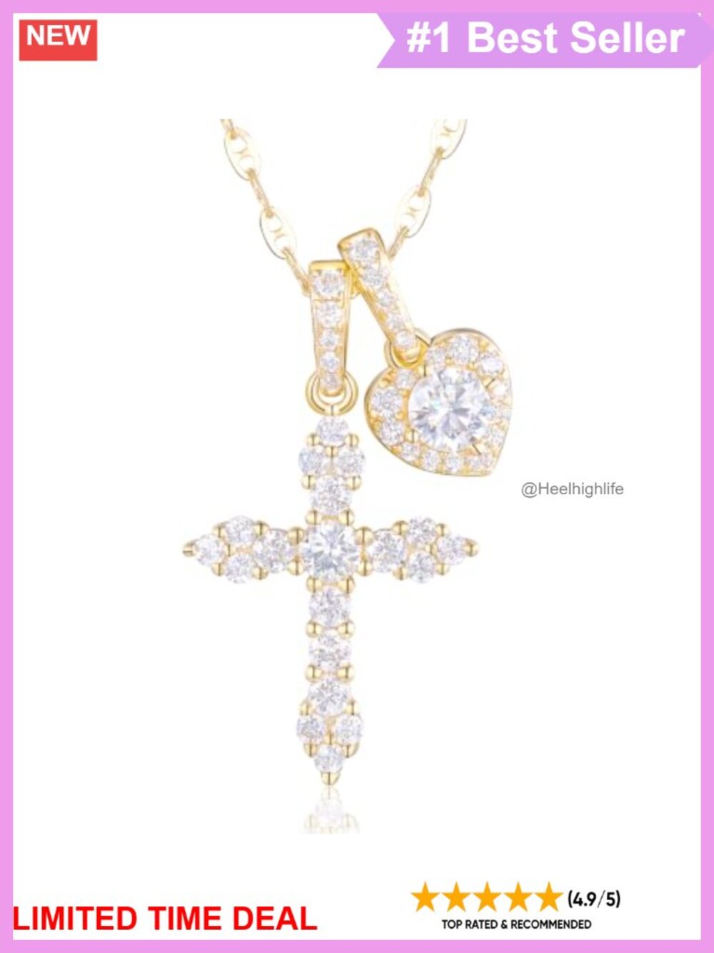 Moissanite Cross Heart Pendant Necklace 14k Gold Vermeil 18in Dainty